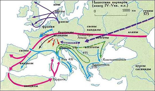 Переселение народов. Путь алан показан красным цветом